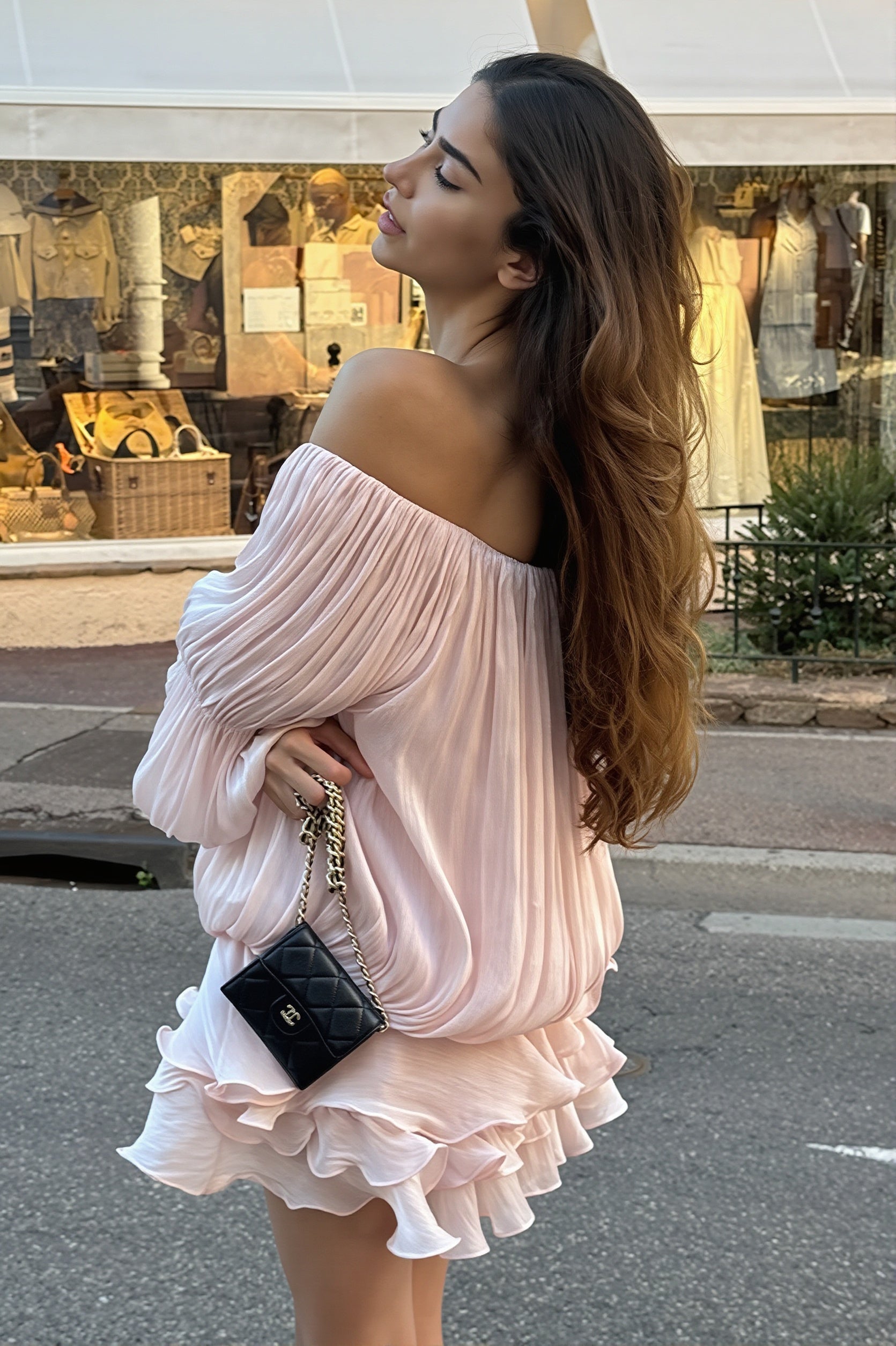 Off Shoulder Ruffle Shiny Fabric Mini Dress image 2