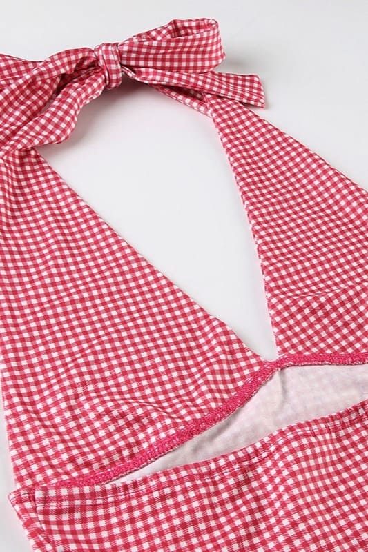 Plaid Deep V Tie Waist Halter Top image 3