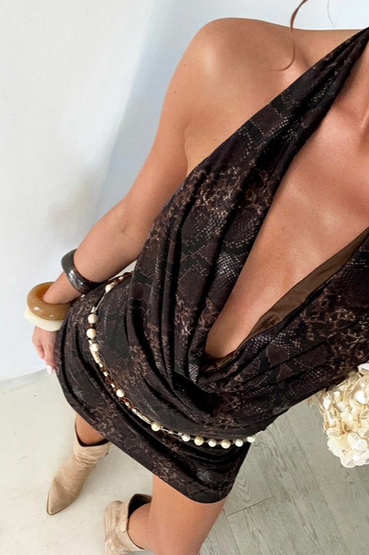 Animal Print Halter Cowl Neck Mini Dress image 2