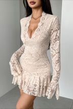 Lace V-Neck Double Ruffle Fitted Mini Dress image 1