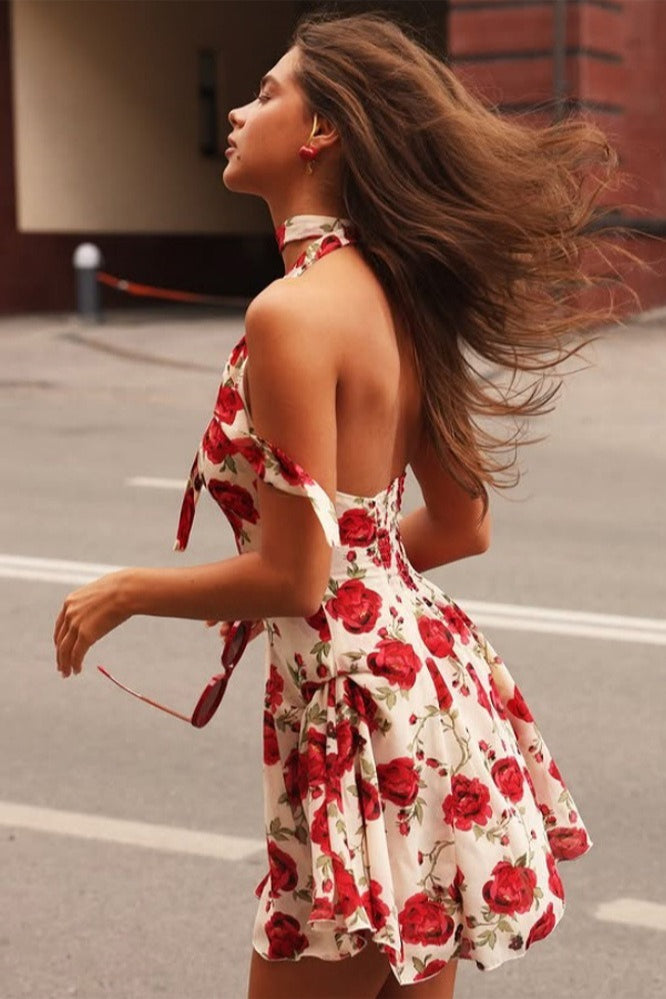 Printed Halter Backless Slim Mini Dress image 3