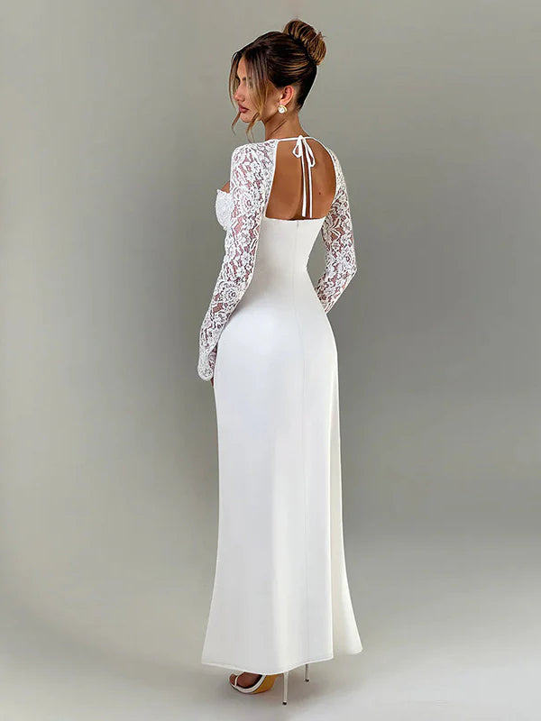Lace Insert Long Sleeve Split Slim Fit Party Dress image 5