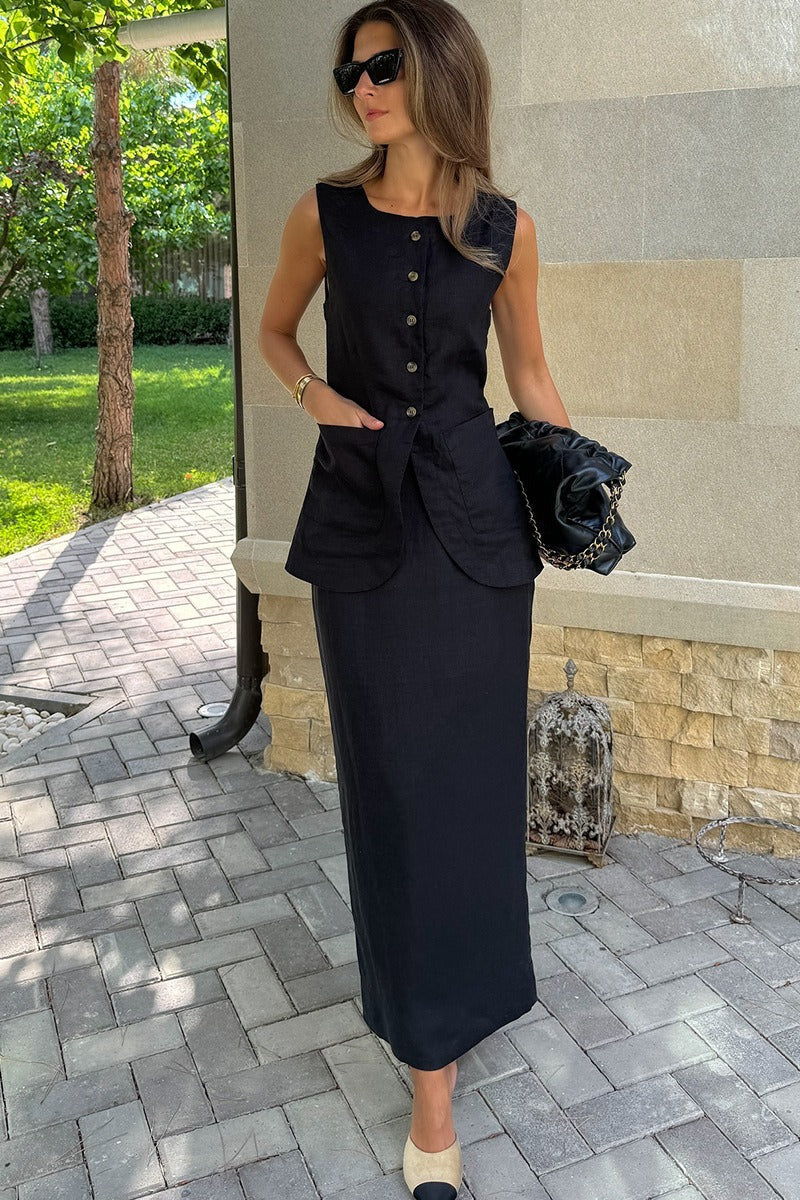 Simple Linen Vest High Waist Skirt Set image 8