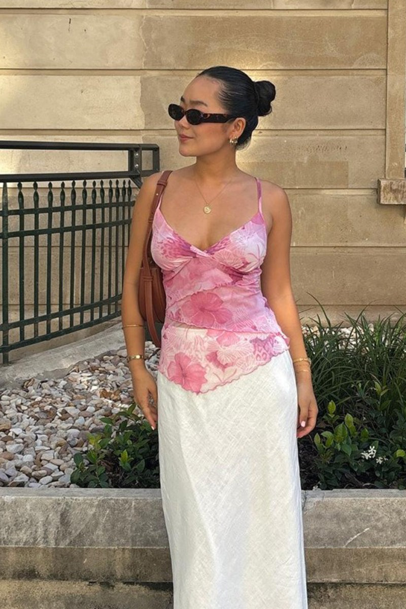 Floral Trim Chiffon Waist Cinched Padded Cami Top image 3