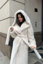 Faux Mink Fur Long Hooded Belted Plush Overcoat image 4