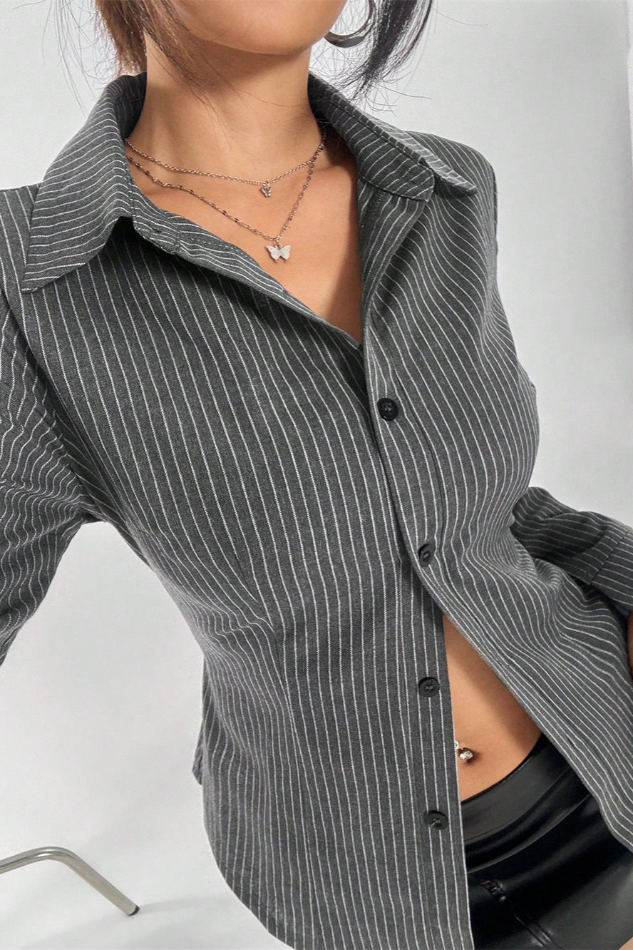 Button Striped Long Sleeve Shirt Cardigan Blouse image 1