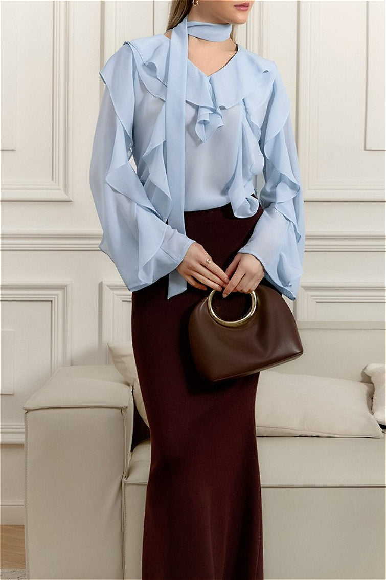 Elegant Solid Chiffon Ruffled Tie Blouse image 4