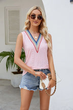 Maelle Eyelet Tank detail view styled for Avrienne