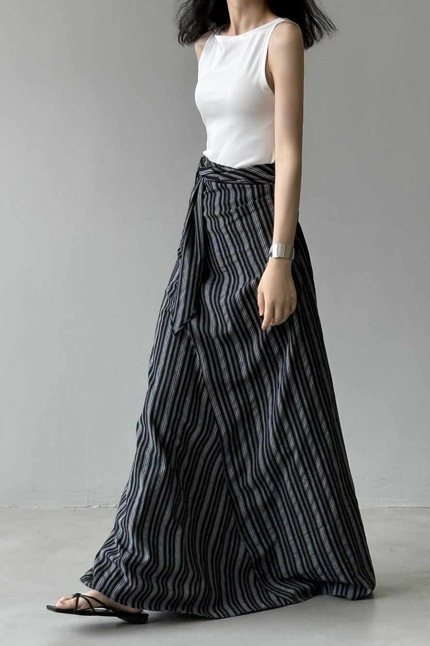 High Waist Striped Tie Waist A Line Maxi Skirt image 9