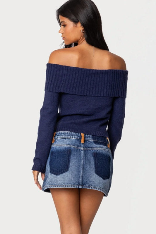 Solid Color Off-Shoulder Boat Neck Long-Sleeve Knit Top image 2