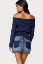 Solid Color Off-Shoulder Boat Neck Long-Sleeve Knit Top image 2