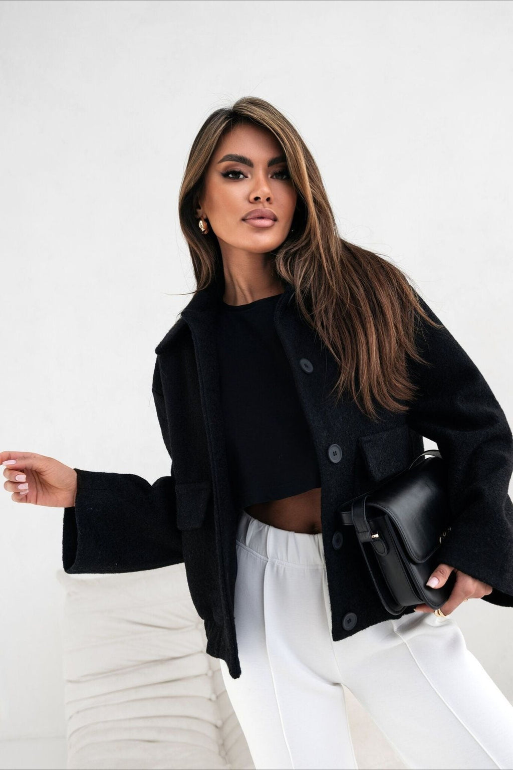 Trendy Solid Wool Pocket Elastic Snap Coat image 9