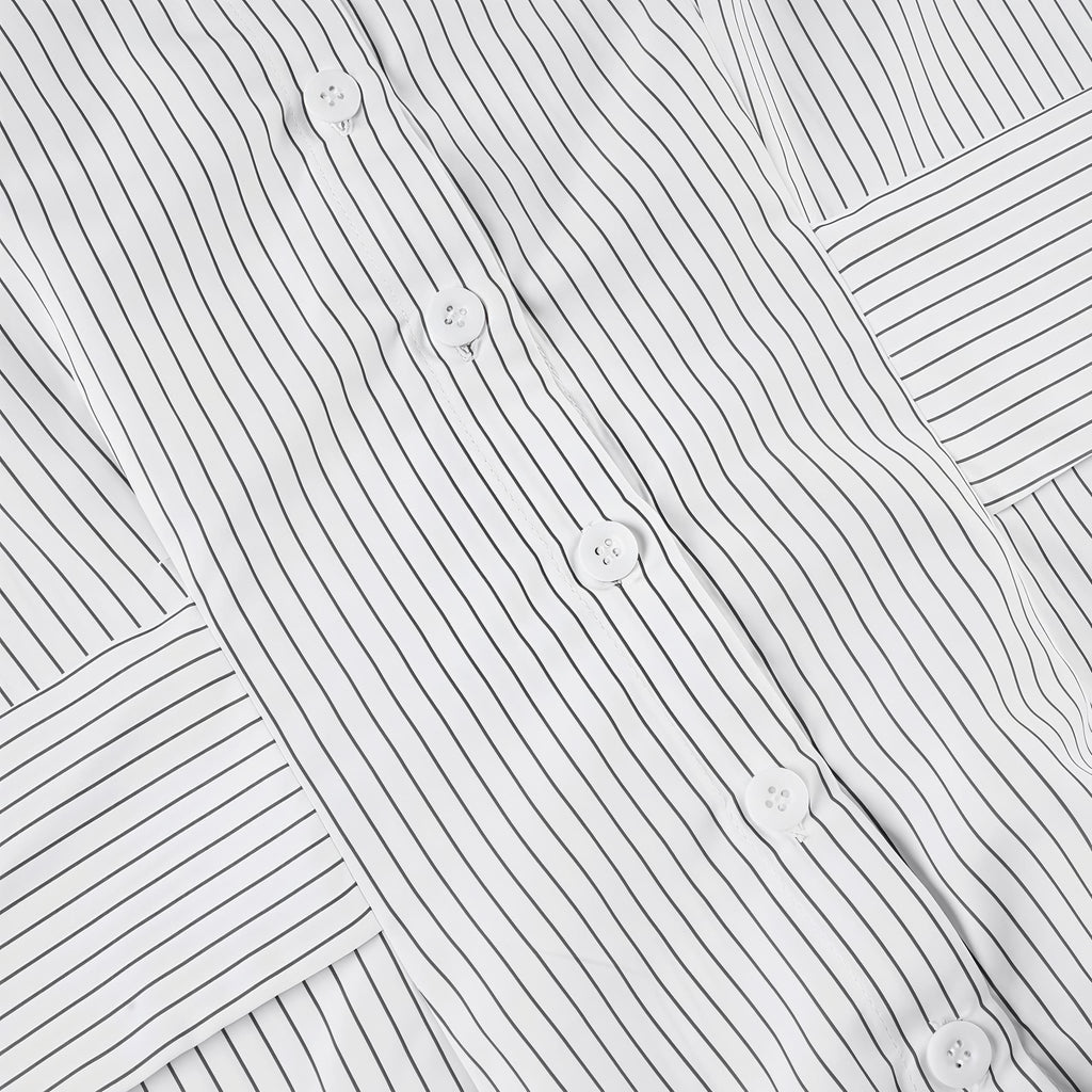 Striped Button Down Shirt Tie Waist Lapel Blouse image 5