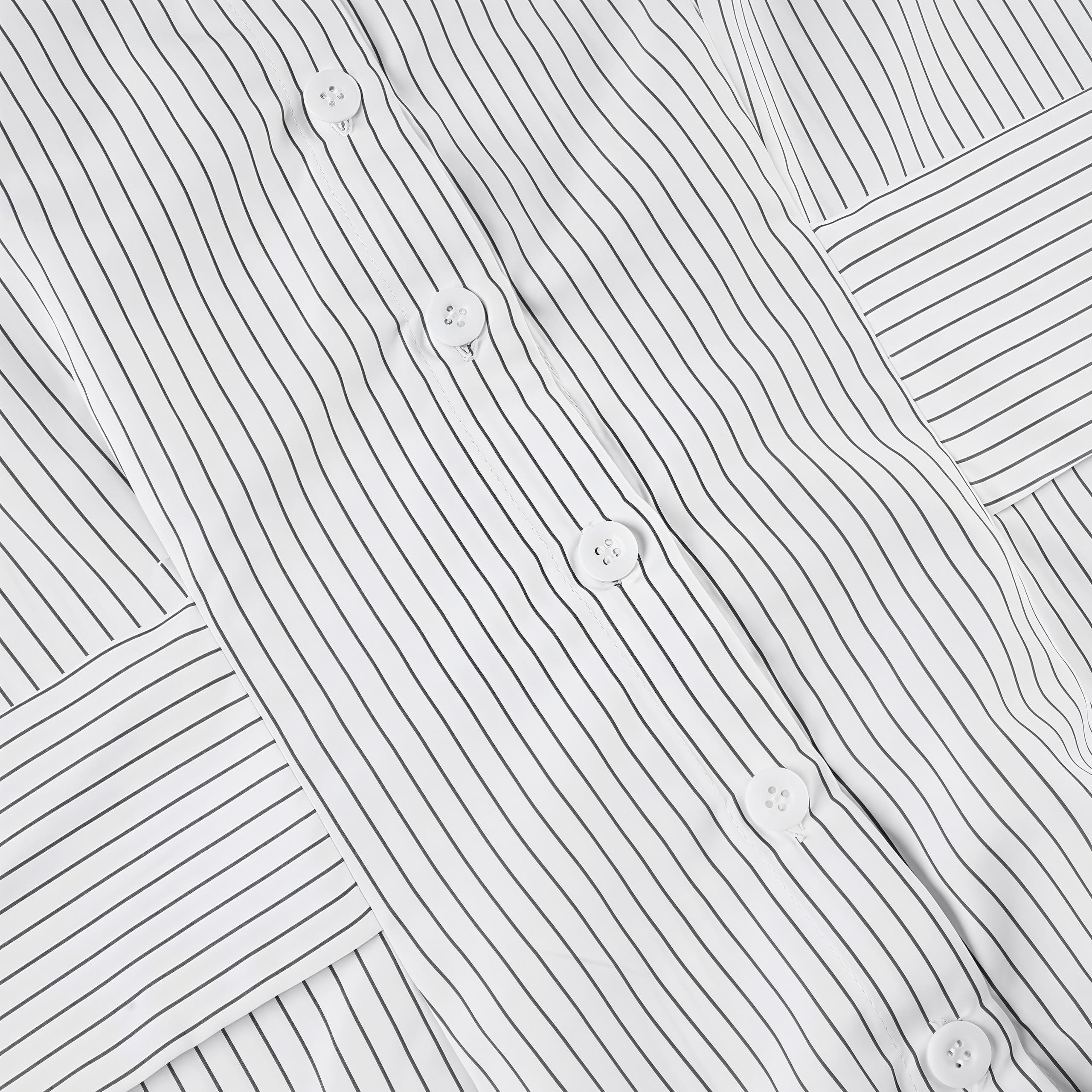 Striped Button Down Shirt Tie Waist Lapel Blouse image 5