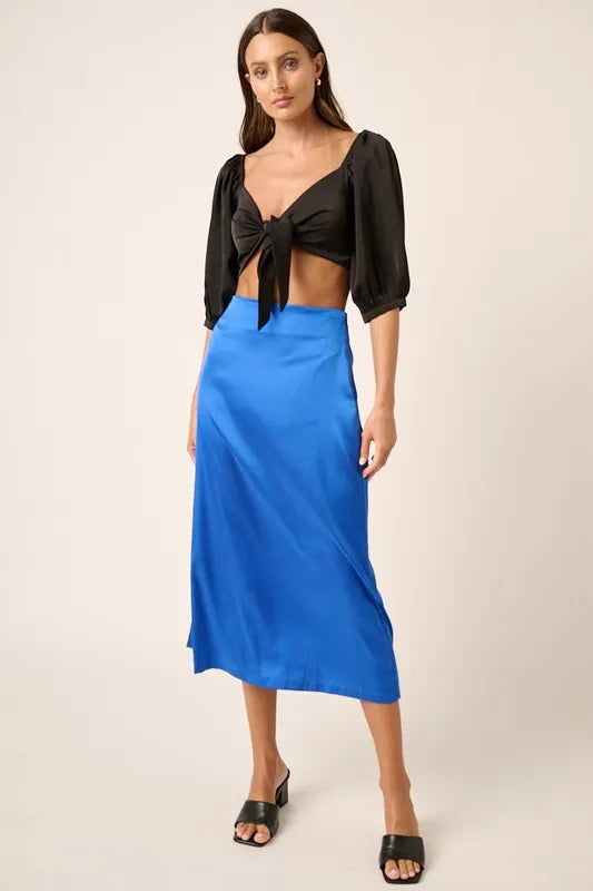 Rhea Satin Skirt styled for Avrienne