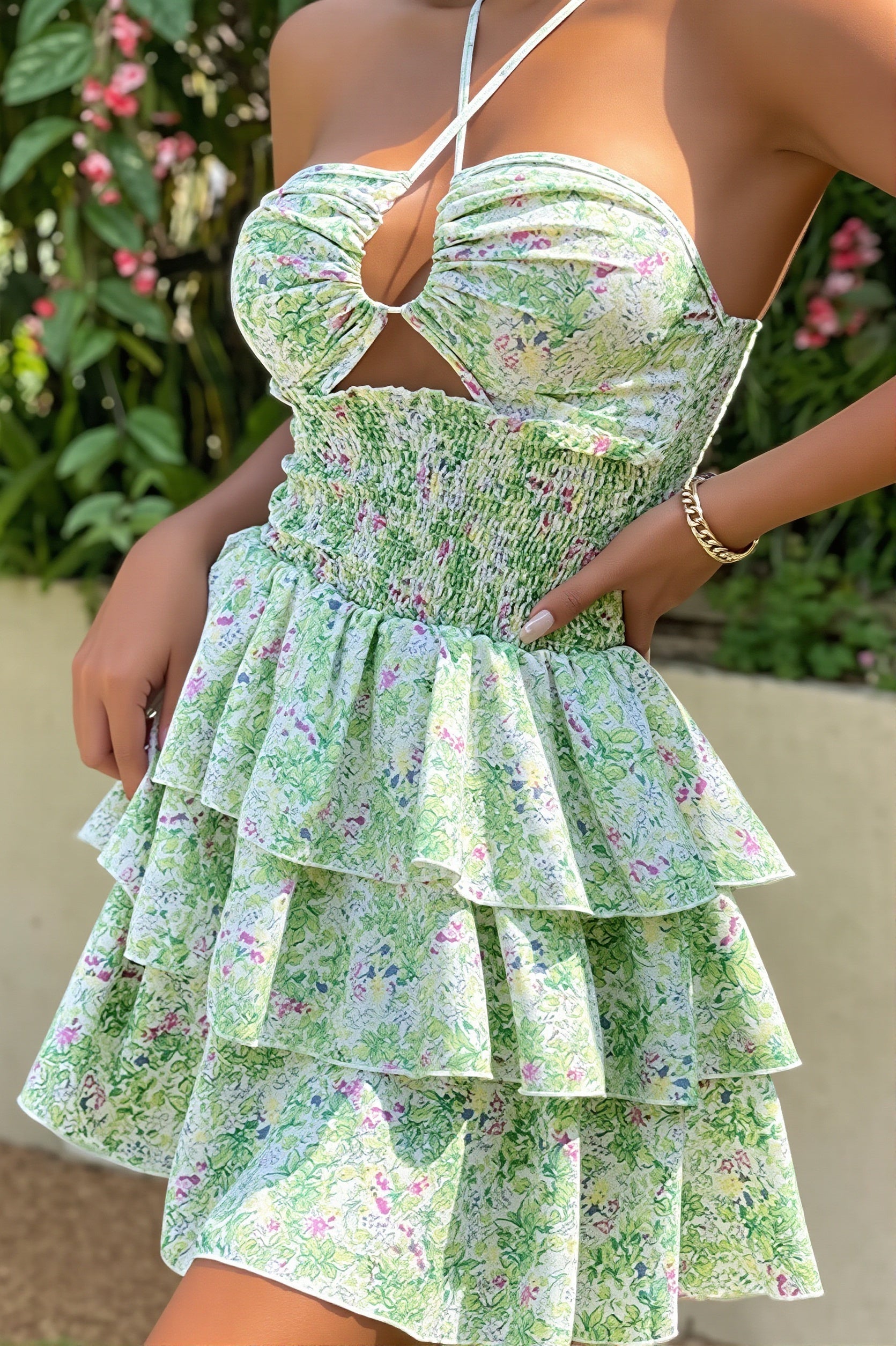 Casual Halter Floral Hollow Mini Dress image 1