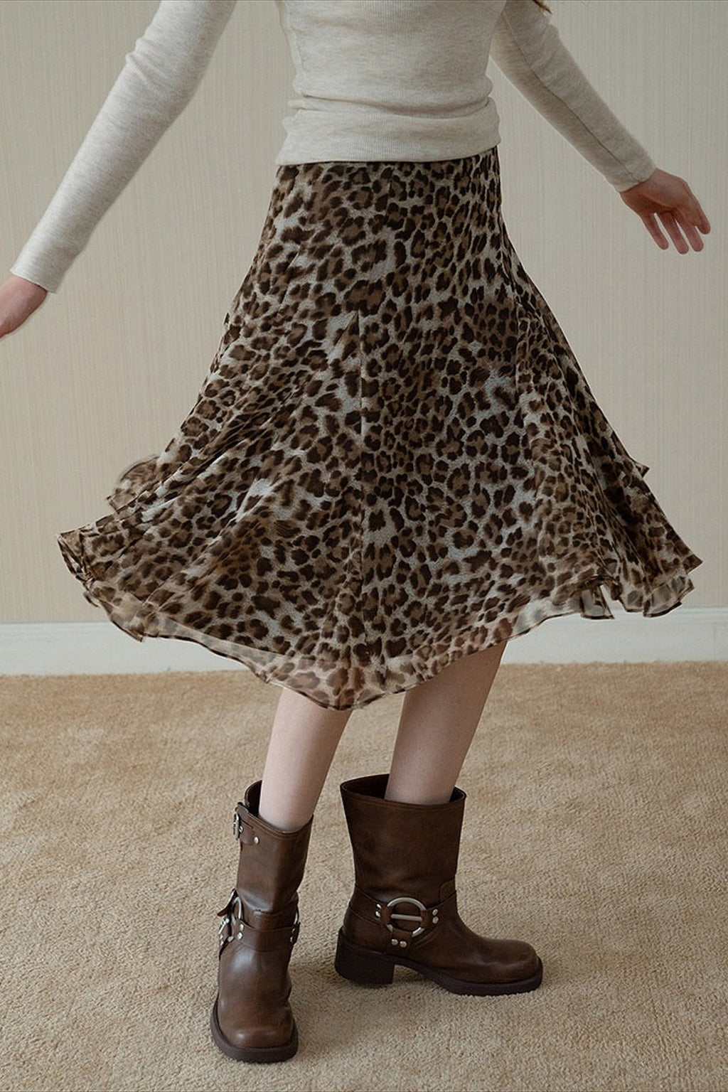 Leopard Draped Ruffled A Line Midi Skirt image 2