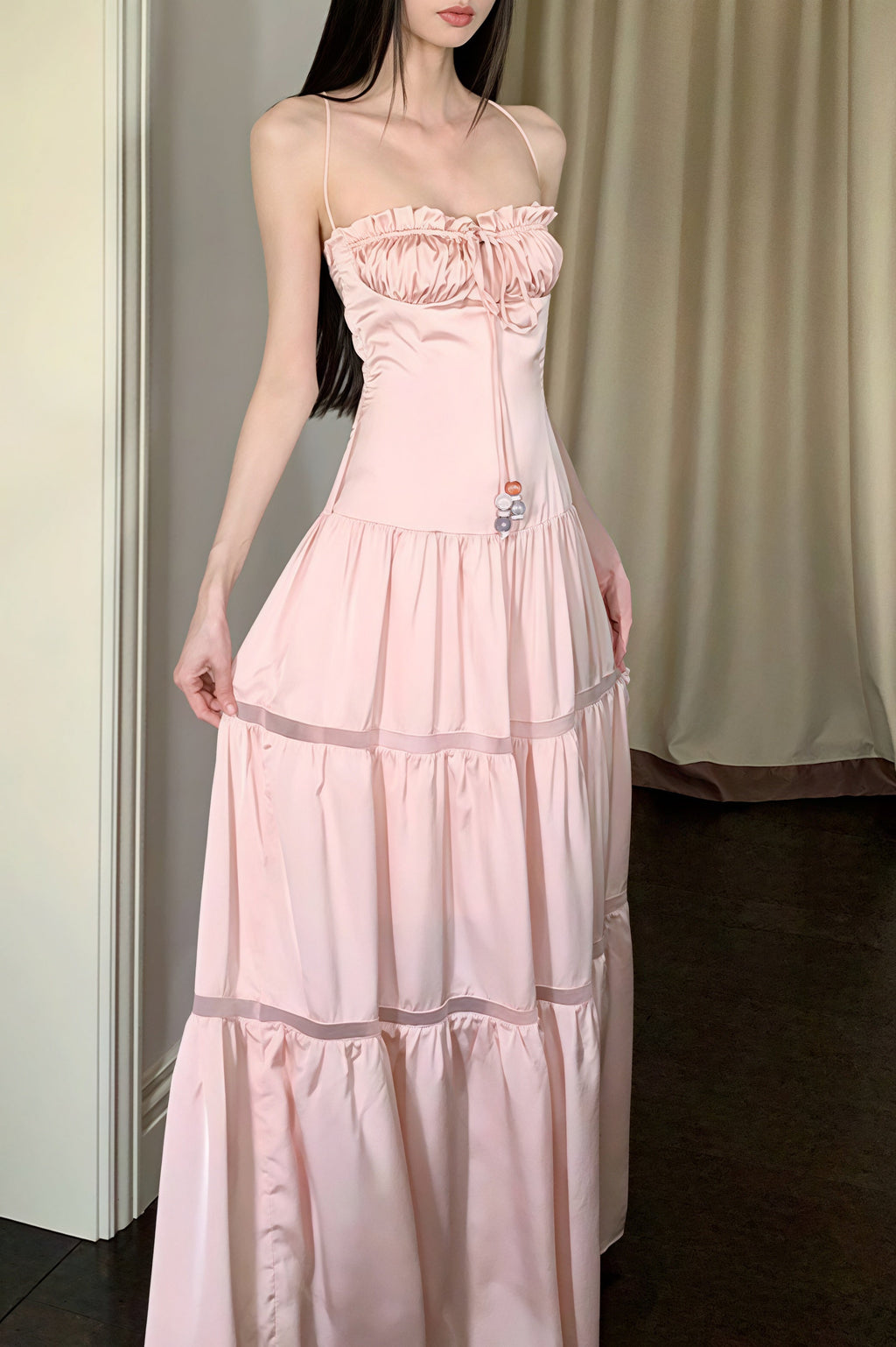 Pink Satin Tie Strapless Spaghetti Strap Maxi Dress image 1