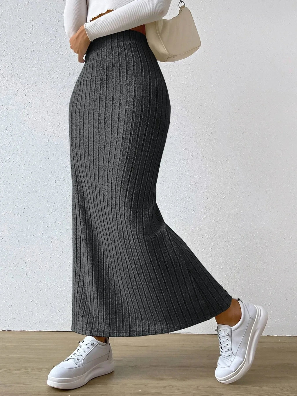 Noemi Ribbed Knit Skirt detail view styled for Avrienne