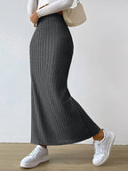 Noemi Ribbed Knit Skirt detail view styled for Avrienne
