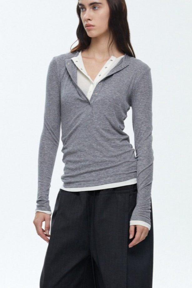 Button Detail Layered Long Sleeve Knit Top image 2
