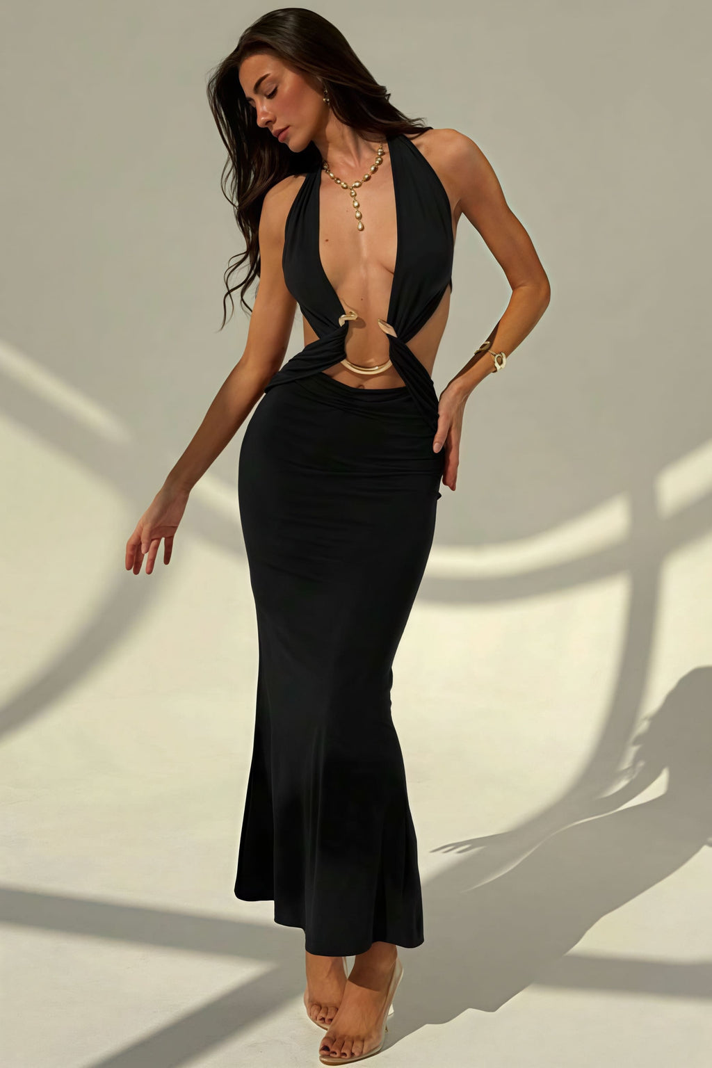 Sexy Halter Deep V Neck Backless Metal Maxi Dress image 7