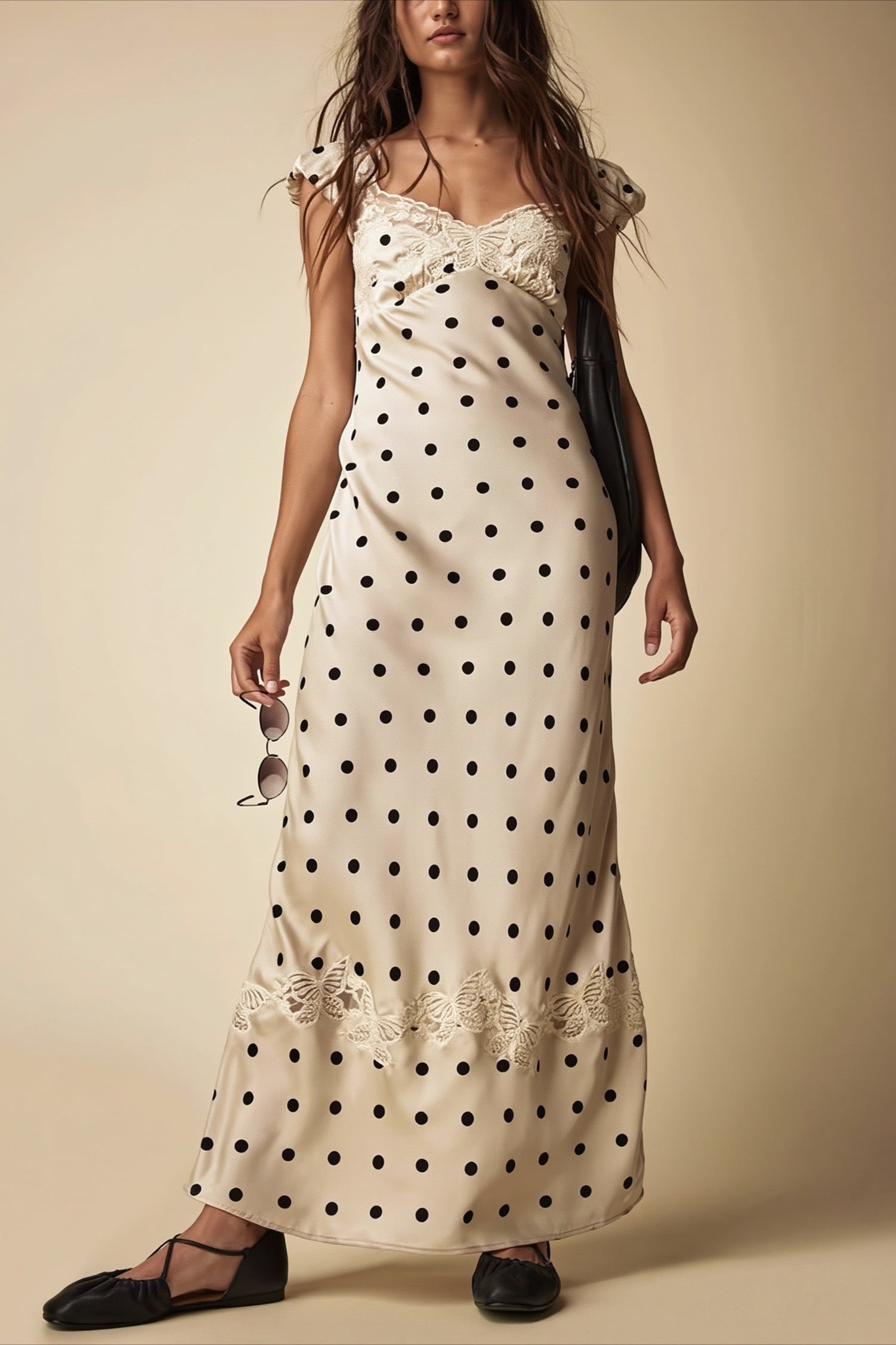 Lace Splice Satin Polka Dot Maxi Dress image 1