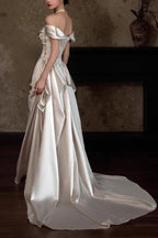 Off Shoulder Satin Train Reception Dress image 4