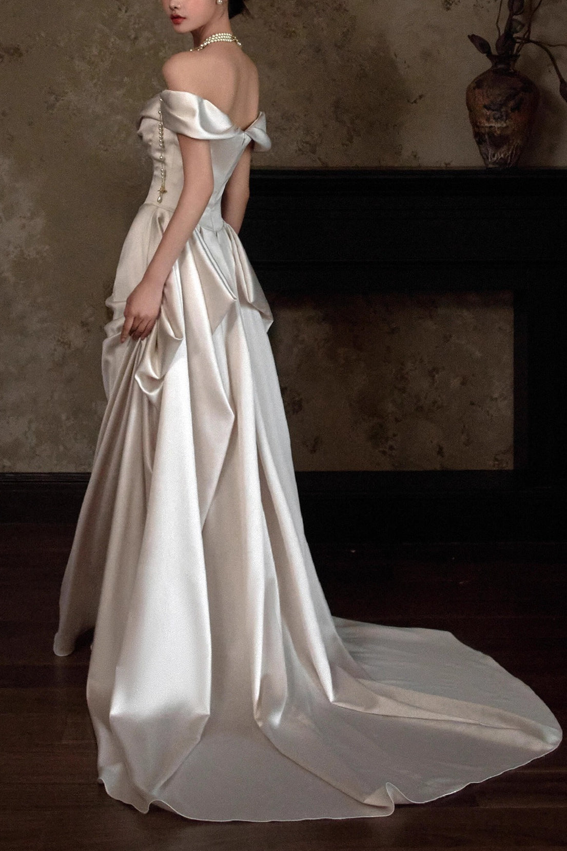 Off Shoulder Satin Train Reception Dress image 4