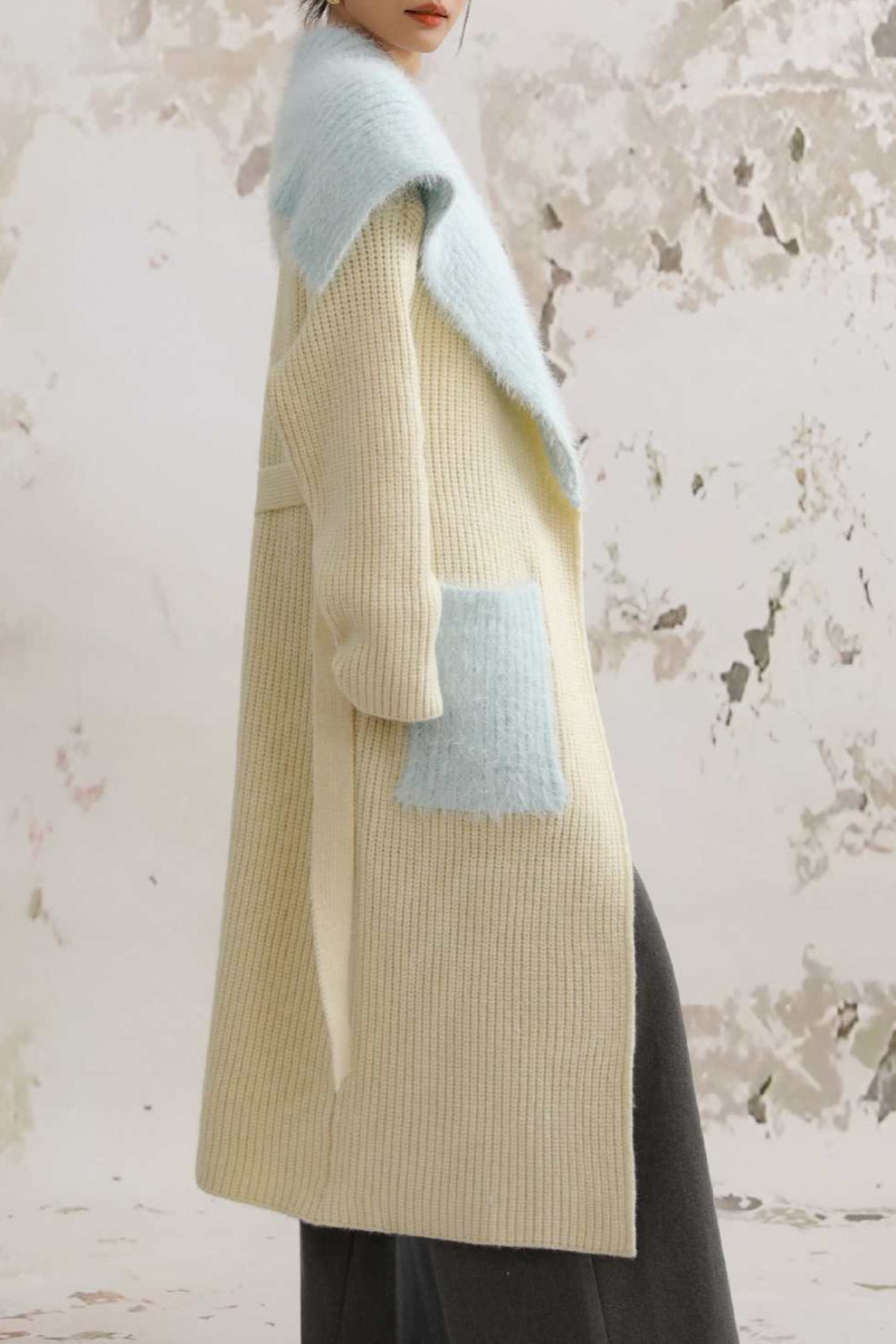 Faux Fur Collar Long Patchwork Loose Knit Overcoat image 3
