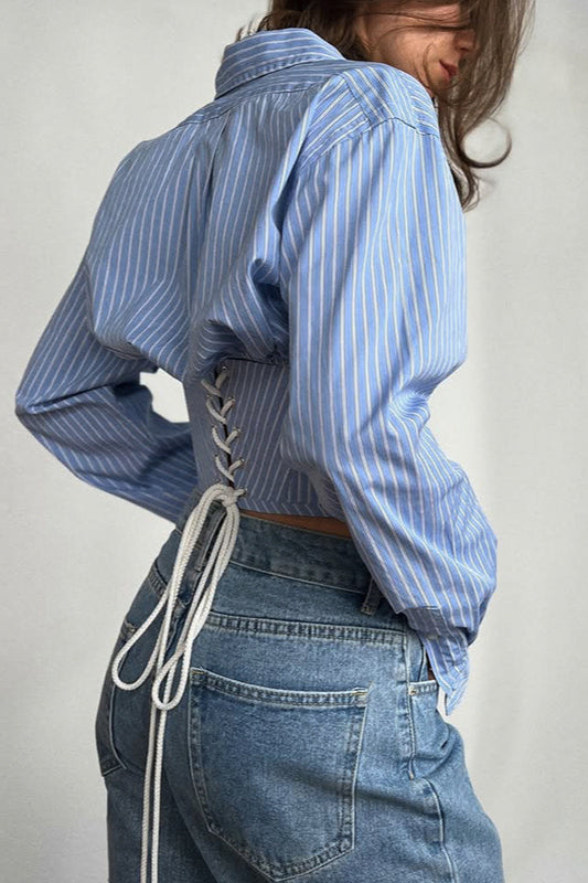 Striped Waist Cinched Collared Short Blouse image 3