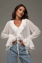 Solid V-Neck Ruffled Flare Sleeve Blouse image 1