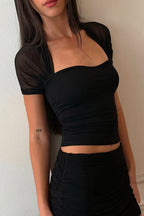 Solid Mesh Splice Sheer Casual Blouse image 4