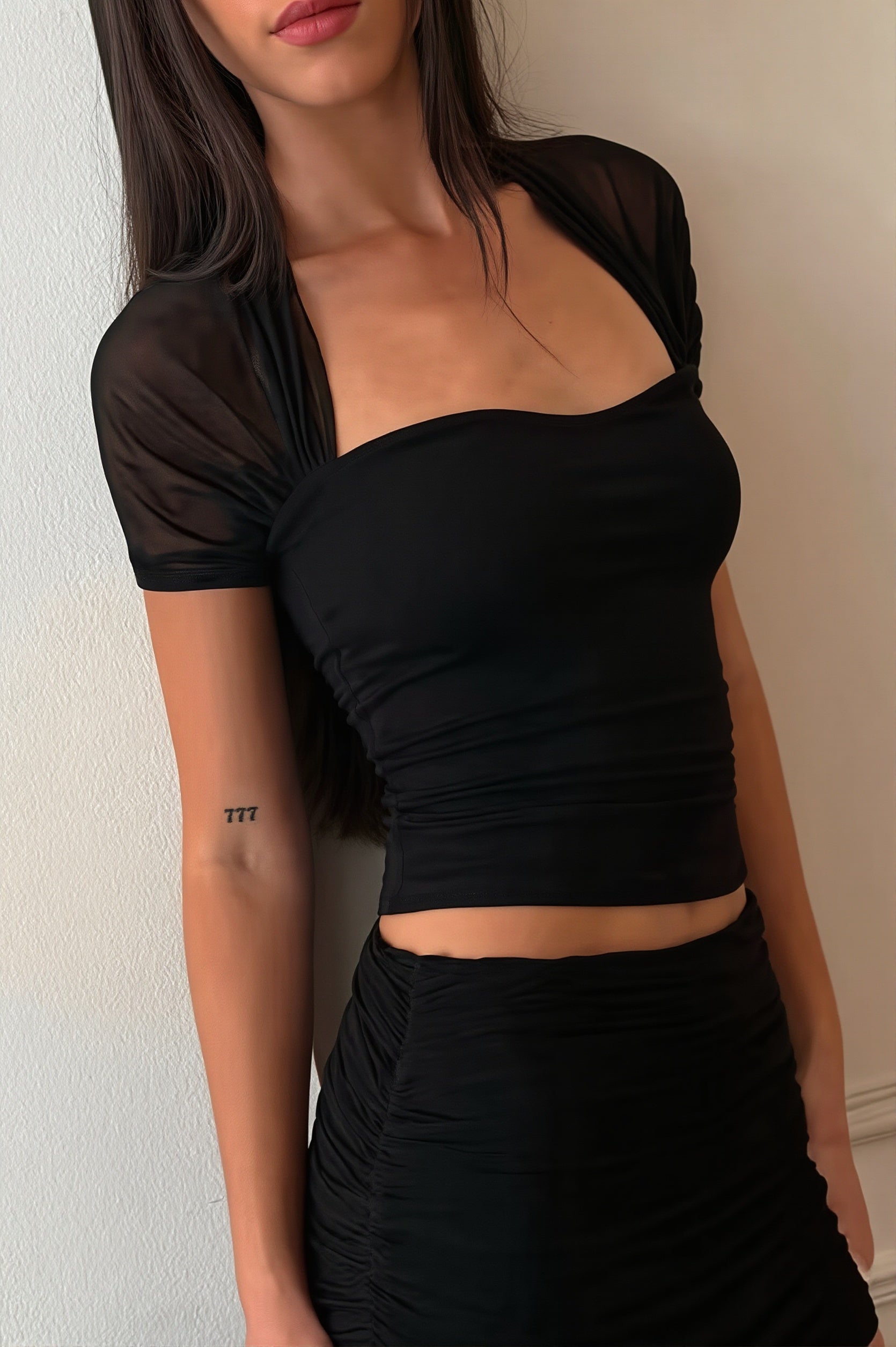 Solid Mesh Splice Sheer Casual Blouse image 4