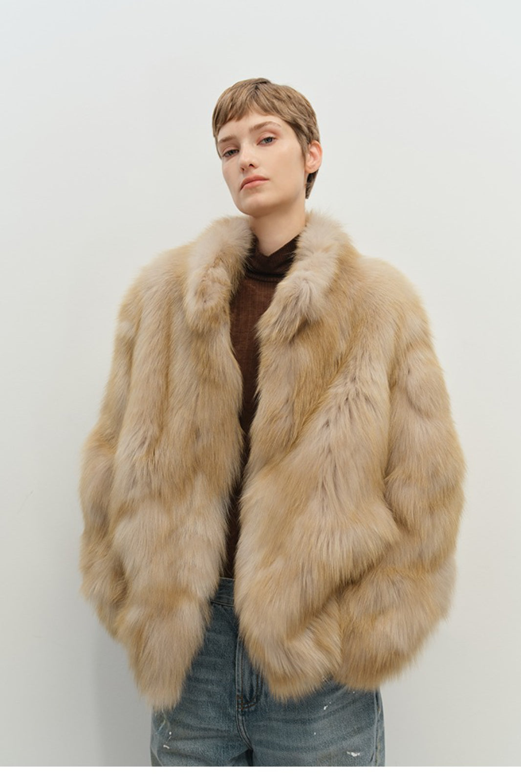 Minimalist Mid-Length Faux Fur Stand Collar Coat image 2
