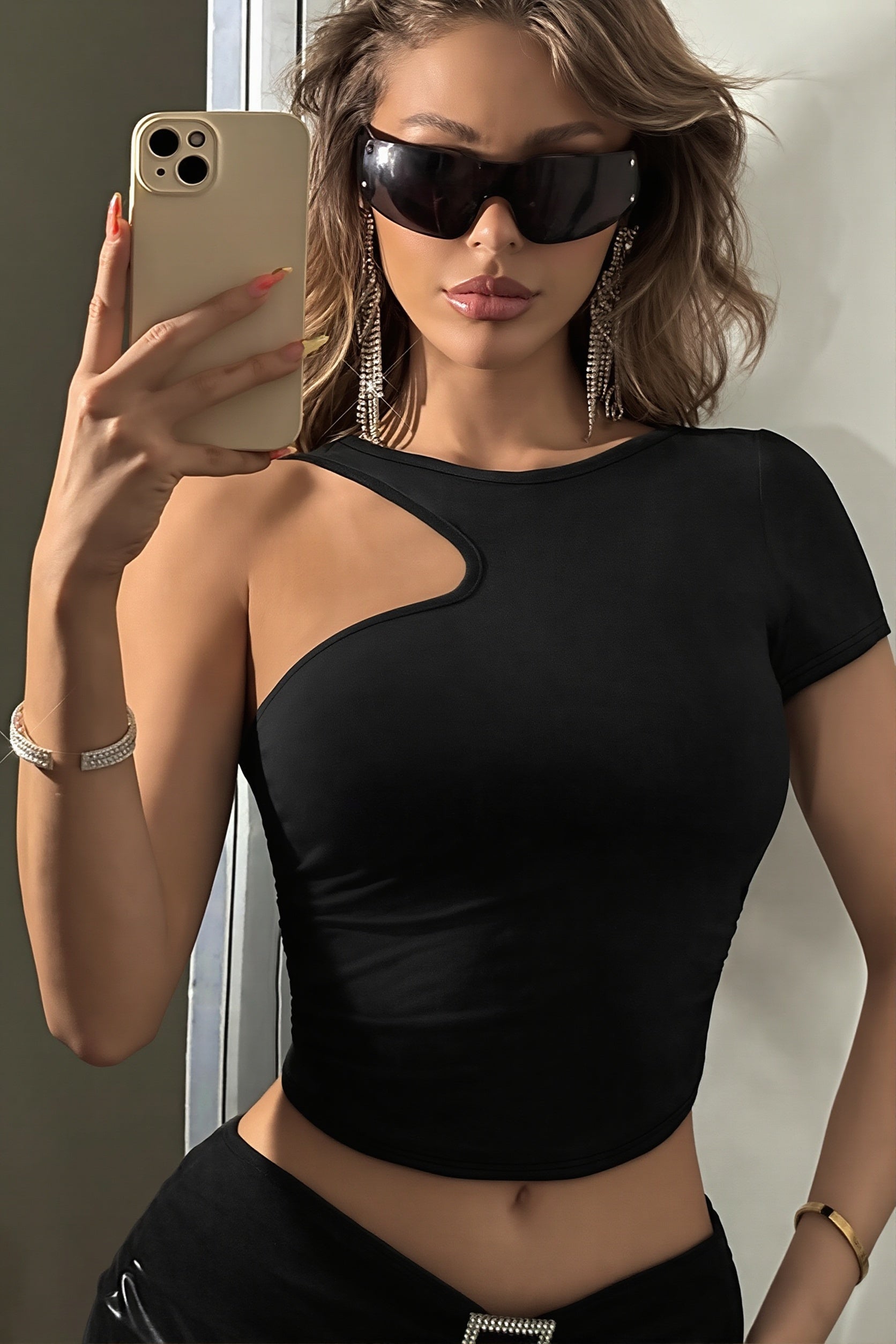 Cut Out Shoulder Cropped Top Sexy Slim Fit Blouse image 4