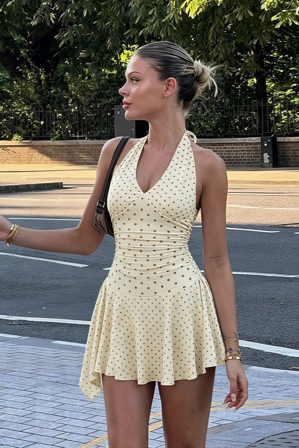 Elegant V-Neck Halter Neck Polka Dot Print Mini Dress image 4