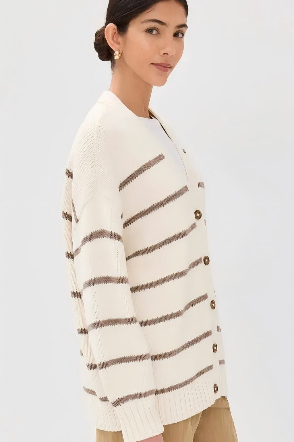 Flattering Striped V Neck Relaxed Knit Cardigan image 5