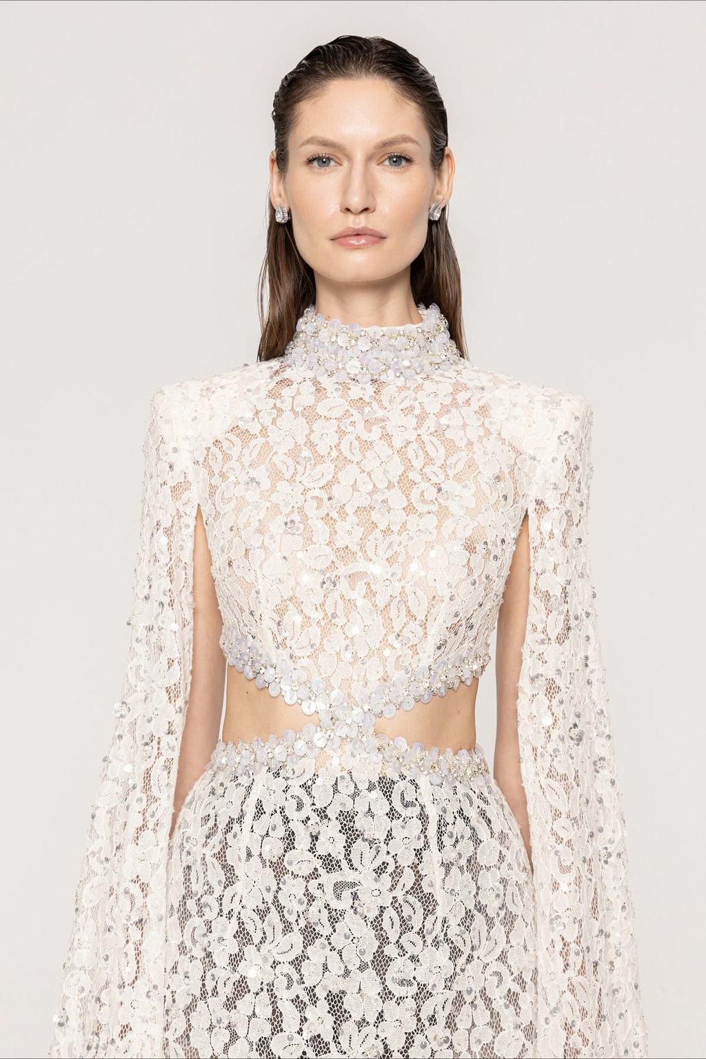 Lace Beaded Sequin Slim Cape Reception Dress image 4