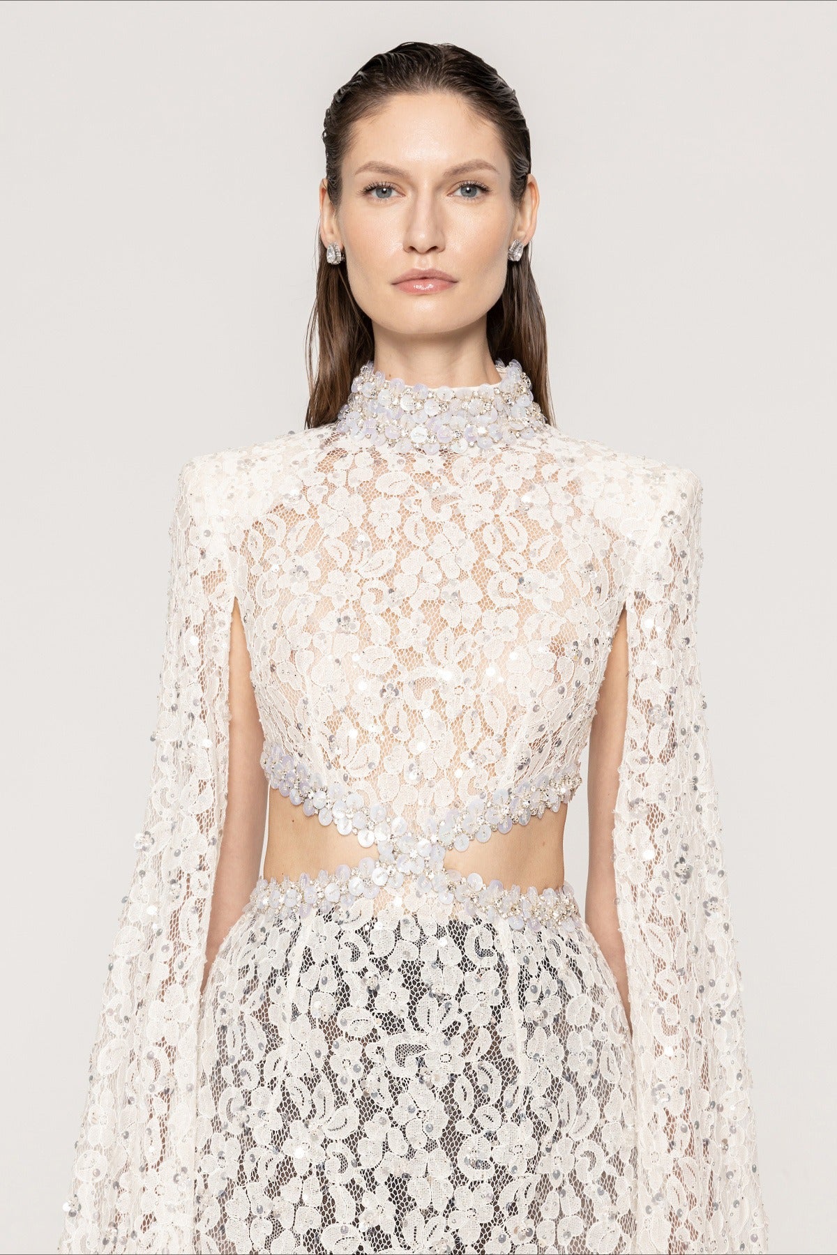 Lace Beaded Sequin Slim Cape Reception Dress image 4