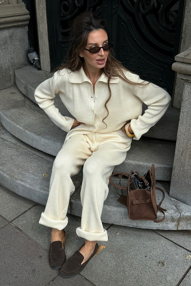 Knit Ribbed Collar Long Sleeve Loose Two Piece Set image 4