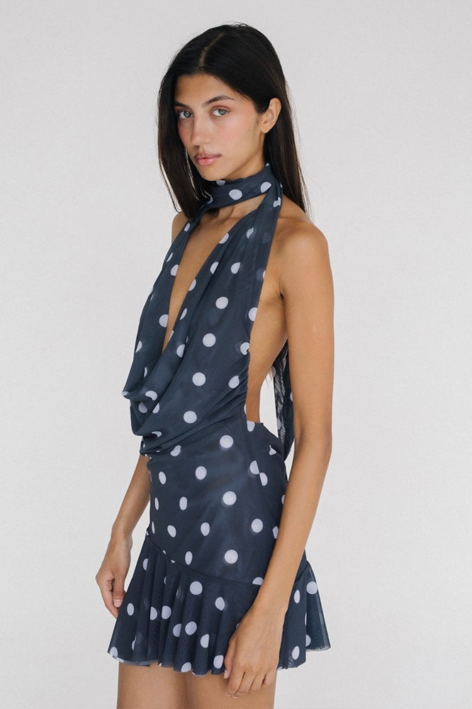 Polka Dot Halter Backless Mesh Mini Dress image 2