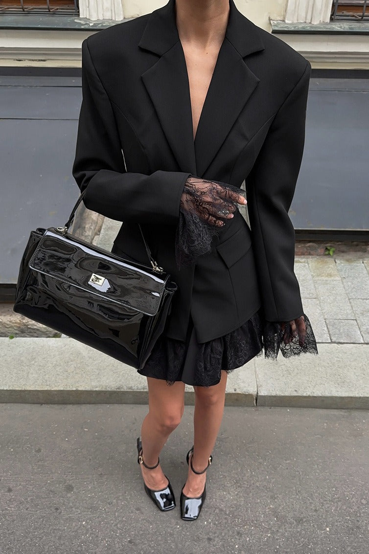 Black Lace Panel Blazer Jacket image 2