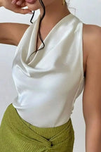 Cassia Satin Blouse detail view styled for Avrienne