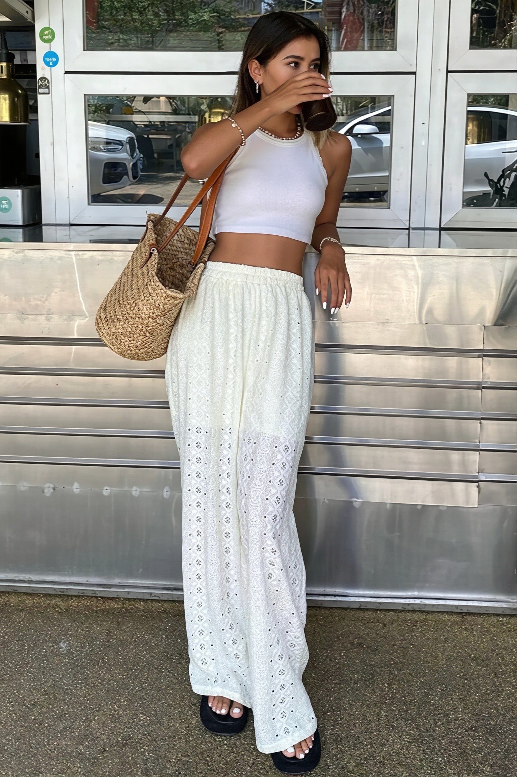 Sexy Solid Sheer Embroidery Drawstring Pants image 2
