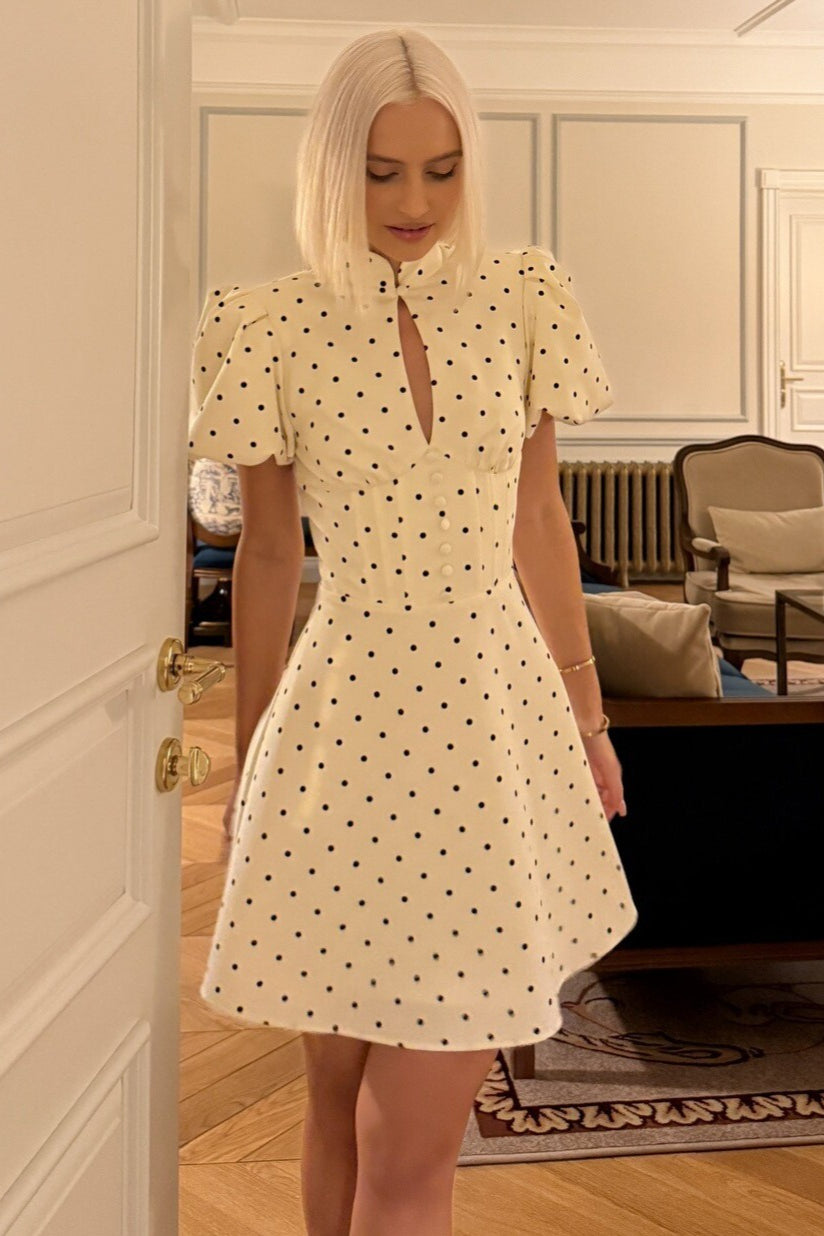 Elegant Stand Collar Dot Hollow Mini Dress image 3