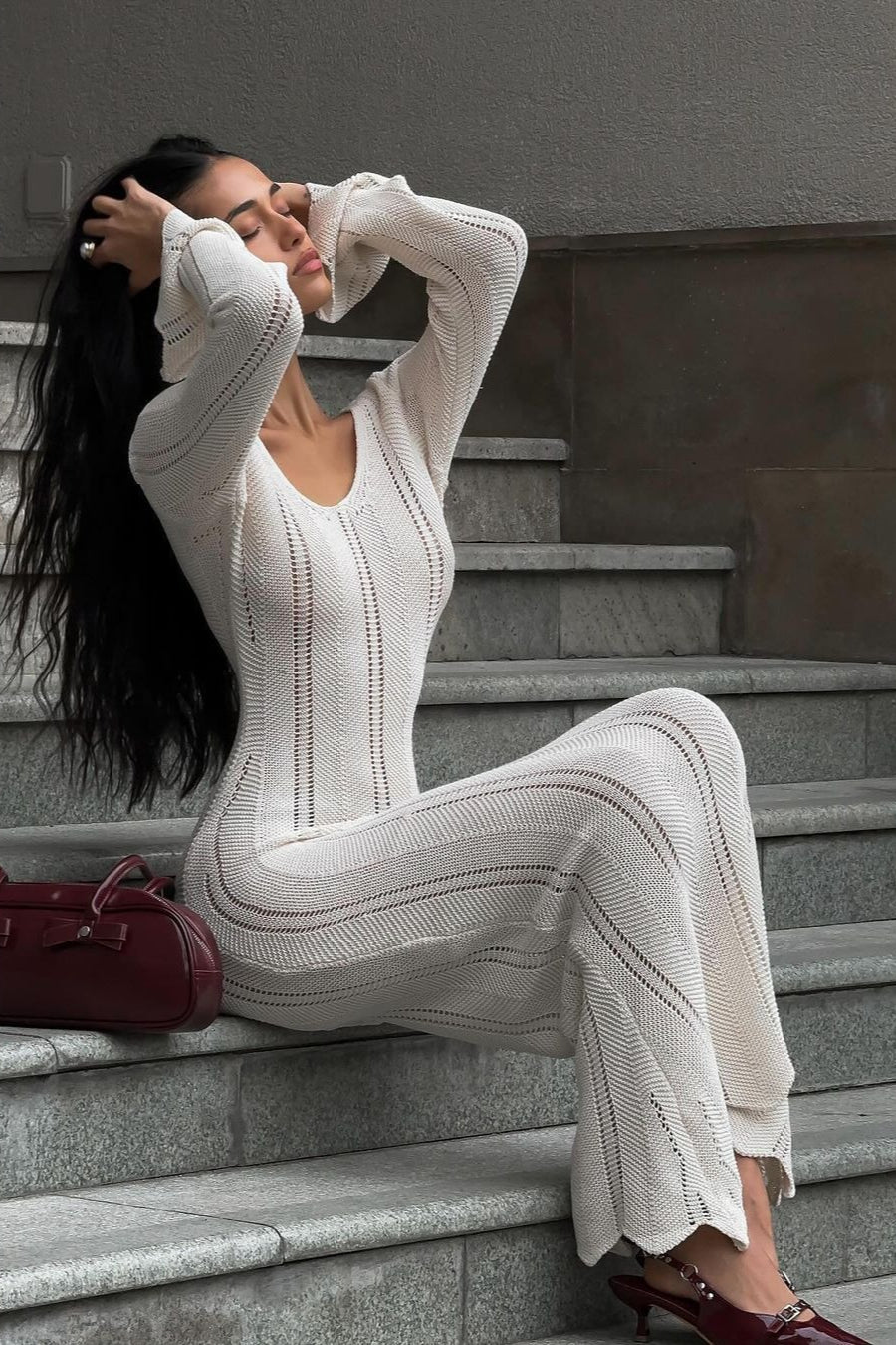 Elegant U Neck Knit Flare Sleeve Sheer Cutout Bodycon Maxi Dress image 4