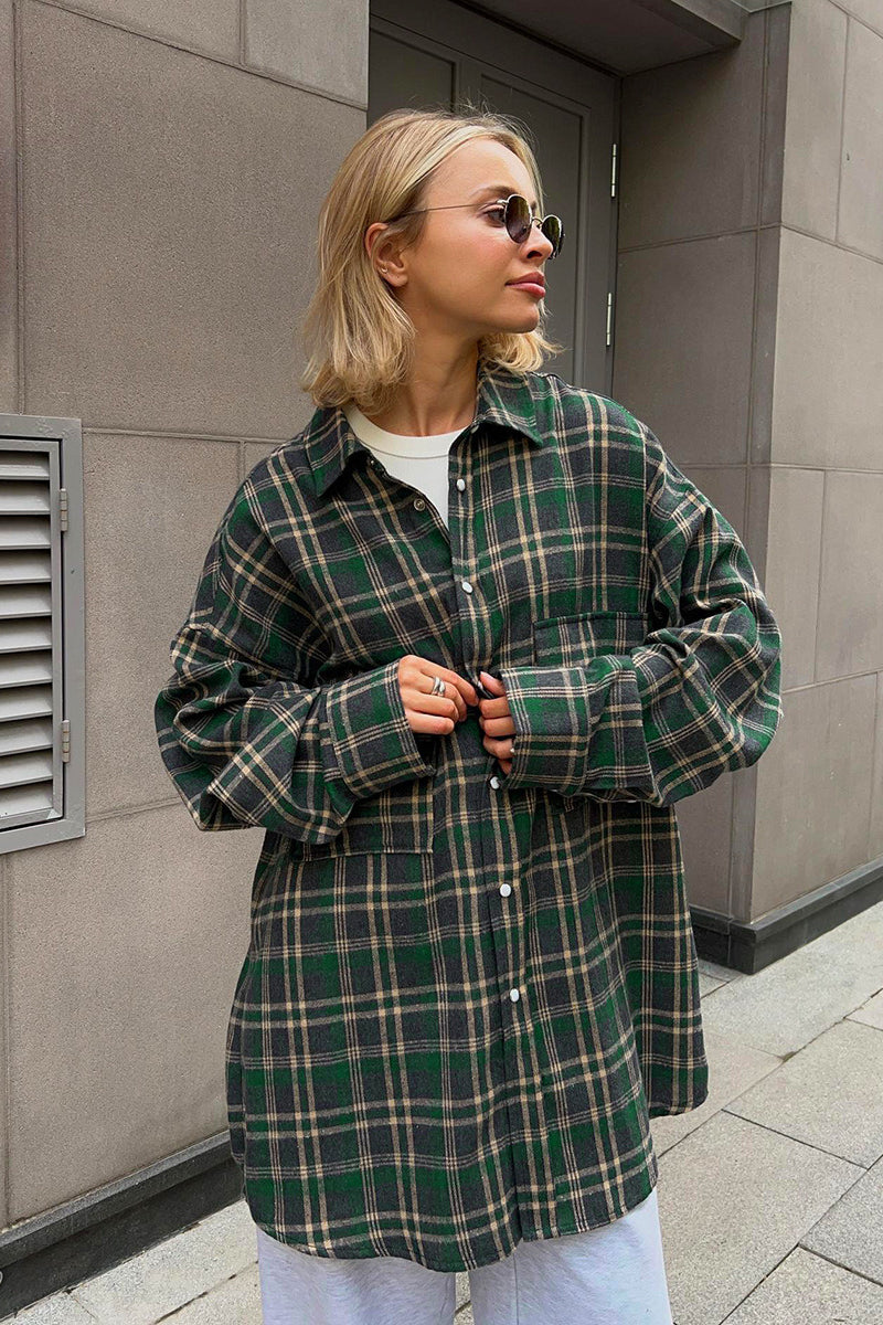 Plaid Mid Length Double Pocket Shirt Blouse image 5
