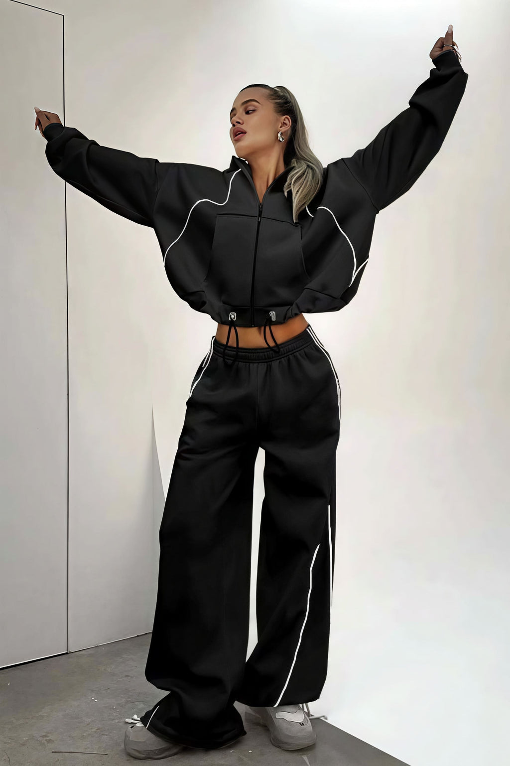 Color Block Striped Hooded Zipper Loose Two Piece Set image 10