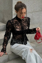 Lace Puff Sleeve Stand Collar Elegant Blouse image 1